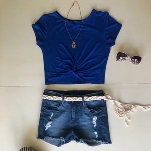 H&M high rise distressed denim shorts